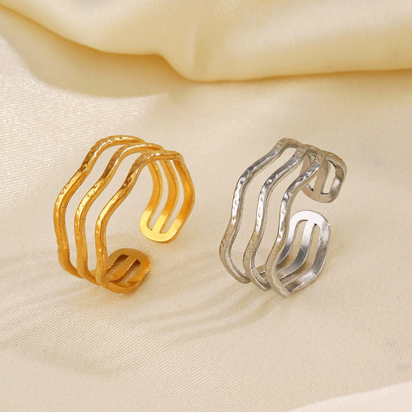 Women's Titanium Steel Open Ring With Wave Design And Geometric Style Electroplated