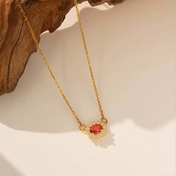 Women's Titanium Steel Oval Red Zircon Pendant Necklace With O Shaped Chain Electroplated Geometric Clavicle Jewelry