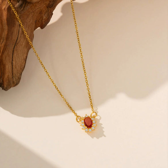 Women's Titanium Steel Oval Red Zircon Pendant Necklace With O Shaped Chain Electroplated Geometric Clavicle Jewelry
