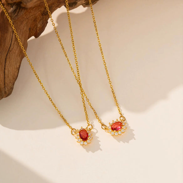 Women's Titanium Steel Oval Red Zircon Pendant Necklace With O Shaped Chain Electroplated Geometric Clavicle Jewelry