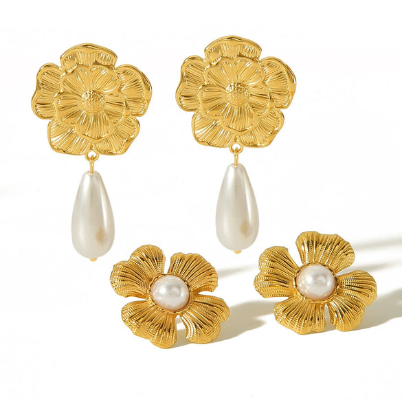 Women's Titanium Steel Pearl Flower Stud Earrings