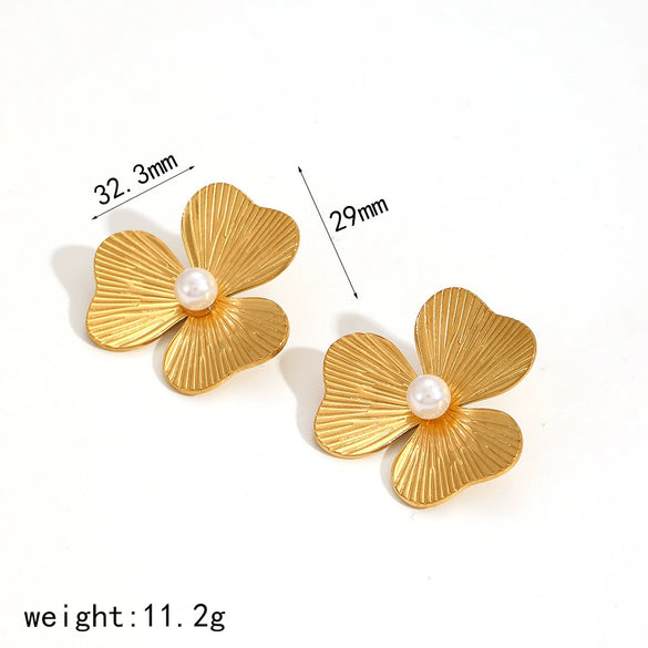 Women's Titanium Steel Pearl Flower Stud Earrings