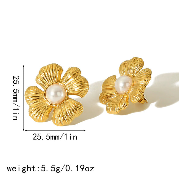 Women's Titanium Steel Pearl Flower Stud Earrings
