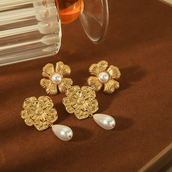 Women's Titanium Steel Pearl Flower Stud Earrings