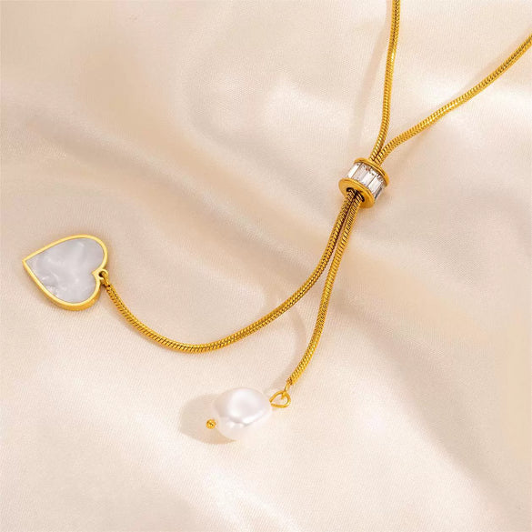 Women's Titanium Steel Pearl Necklace With Tassel And Love Pendant Electroplated