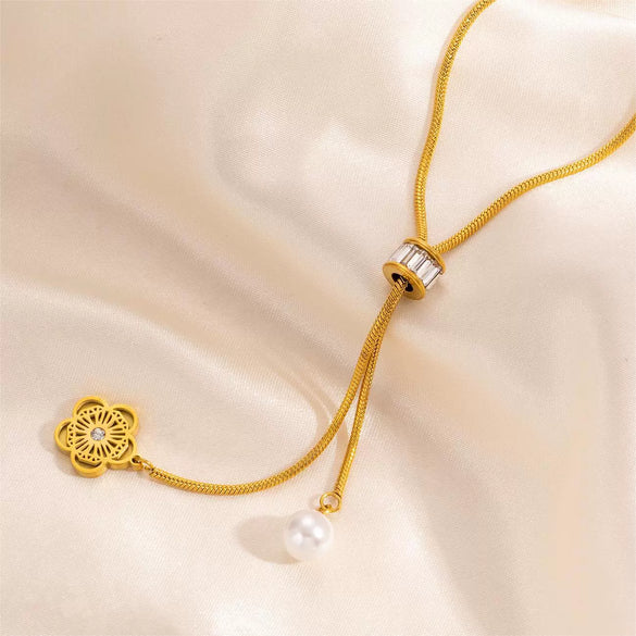 Women's Titanium Steel Pearl Necklace With Tassel And Love Pendant Electroplated