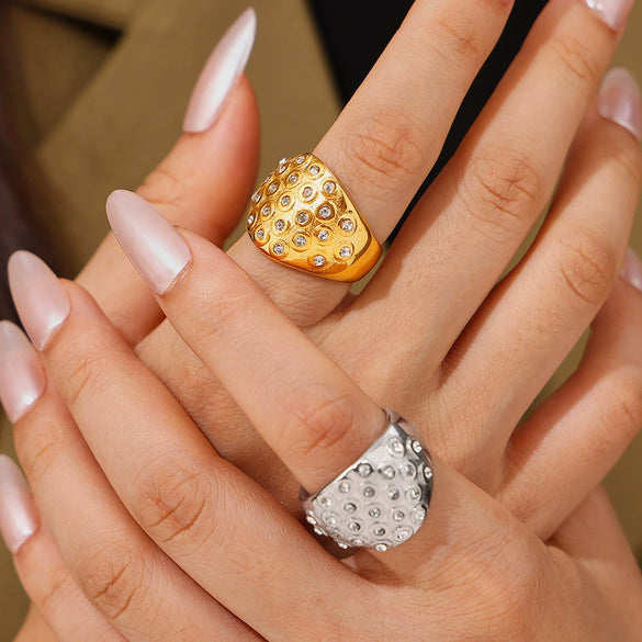 Women's 316L Stainless Steel Plated 18K Gold Geometric Bubble Round Diamond Wide Face Ring Jewelry