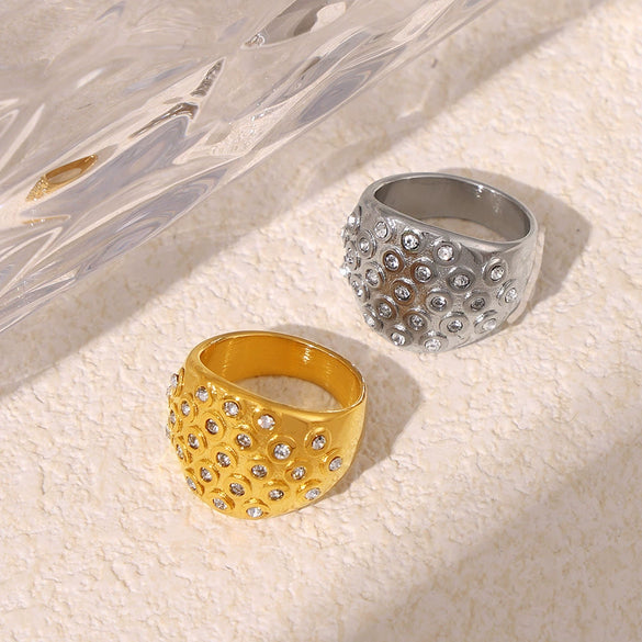 Women's 316L Stainless Steel Plated 18K Gold Geometric Bubble Round Diamond Wide Face Ring Jewelry