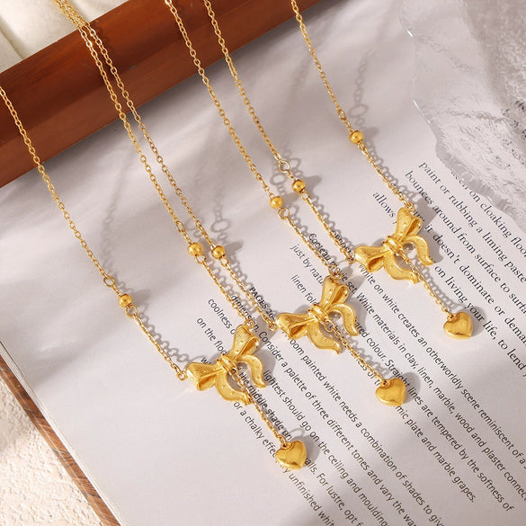 Women's 316L Stainless Steel Plated 18K True Gold Love Tassel Bow Geometric Light Luxury Collarbone Necklace