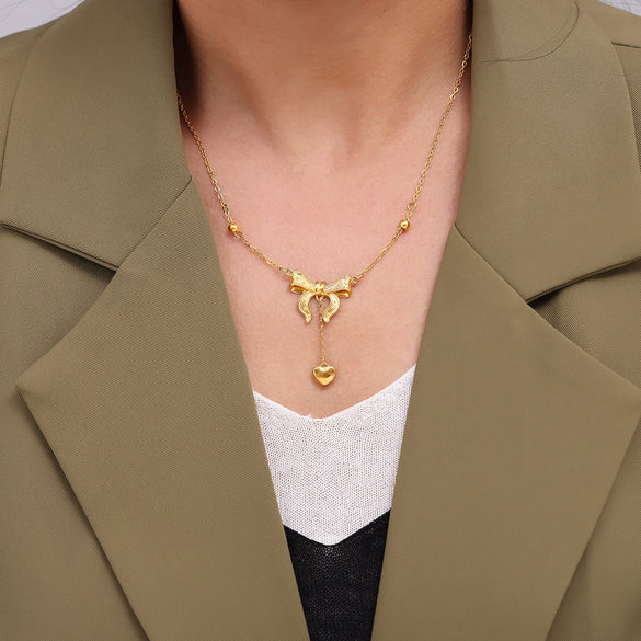 Women's 316L Stainless Steel Plated 18K True Gold Love Tassel Bow Geometric Light Luxury Collarbone Necklace