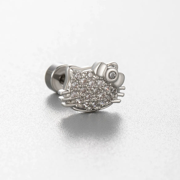 Women's Titanium Steel Princess Style Earrings With Inlaid Zircon Bow Kitten Saturn Crown Shapes