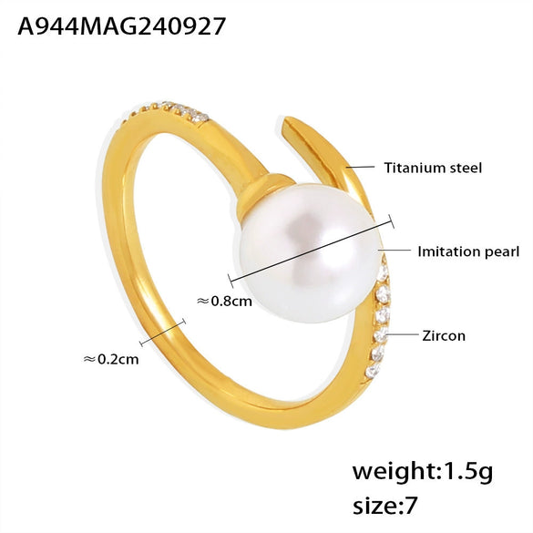 Women's 316L Stainless Steel Shell Bead Zircon Microinlaid Princess Style Geometric Opening Ring Jewelry With Electroplating