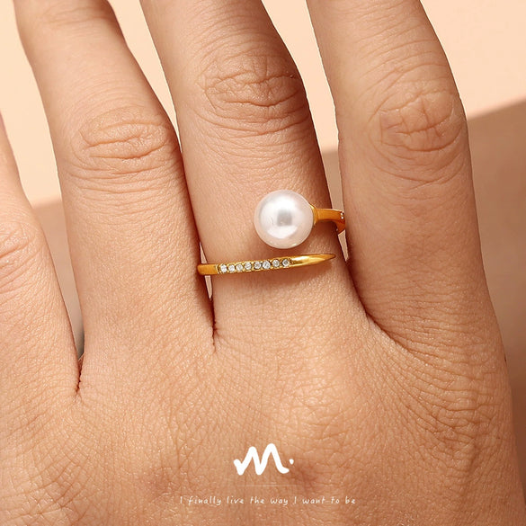Women's 316L Stainless Steel Shell Bead Zircon Microinlaid Princess Style Geometric Opening Ring Jewelry With Electroplating