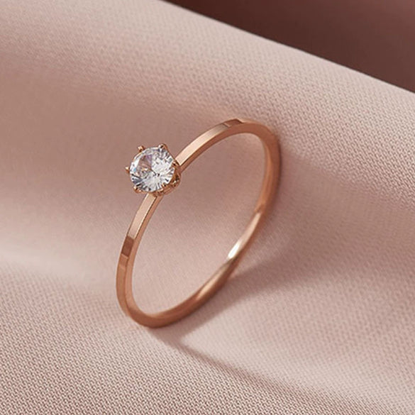 Women's Stainless Steel Six Claw Geometric Zircon Ring Rose Gold Electroplated Anti Fading Simulated Diamond Index Finger Ring