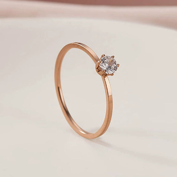 Women's Stainless Steel Six Claw Geometric Zircon Ring Rose Gold Electroplated Anti Fading Simulated Diamond Index Finger Ring