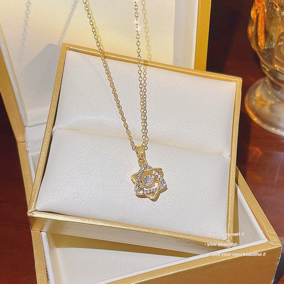 Women's Titanium Steel Sixpointed Star Pendant Necklace With Mixed Gem Inlay And Inlaid Zircon Fashion Cross Chain Style