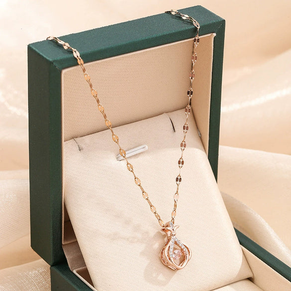 Women's Titanium Steel Smart Sachet Pendant Necklace With Mixed Gem Inlay And Geometric Styling Electroplated