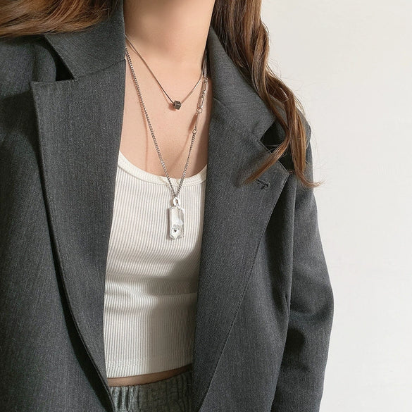 Women's Titanium Steel Square Tag Double Layer Folded Sweater Chain Necklace With Geometric Pattern And Electroplating Design