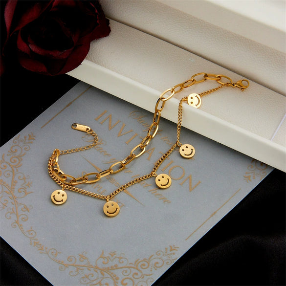 Women's Titanium Steel Stacked Round Smiley Face Pendant Bracelet With Electroplating