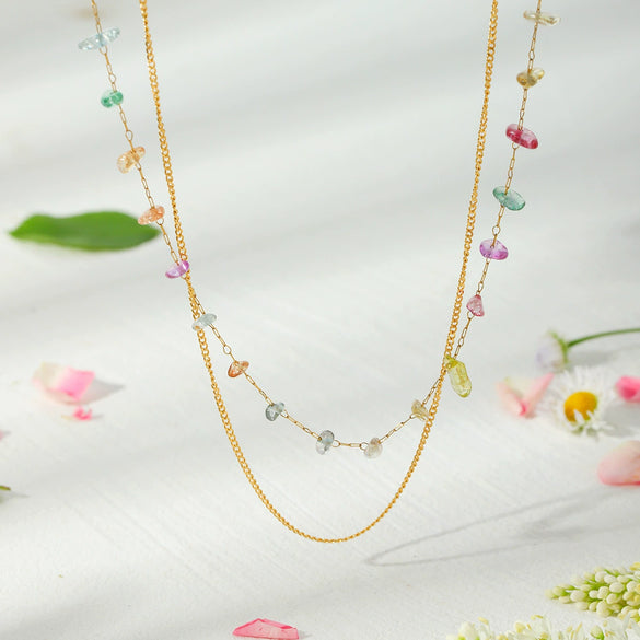 Women's Titanium Steel Stainless Steel Double Chain Necklace With Colored Gravel Vacuum Plated