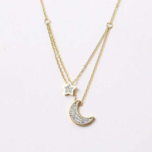 Women's Titanium Steel Star And Moon Multi Layer Clavicle Necklace With Gold Inlaid Full Diamond Pendant Ball Chain