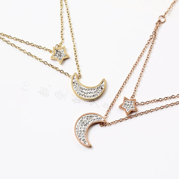 Women's Titanium Steel Star And Moon Multi Layer Clavicle Necklace With Gold Inlaid Full Diamond Pendant Ball Chain