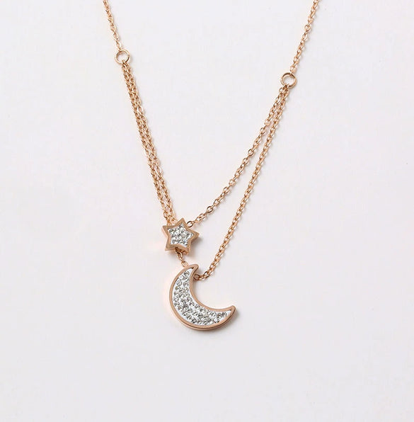 Women's Titanium Steel Star And Moon Multi Layer Clavicle Necklace With Gold Inlaid Full Diamond Pendant Ball Chain