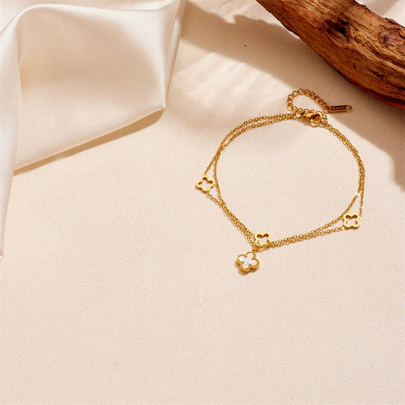 Women's Titanium Steel Star Pattern Double Layer Hollow Flower Anklet