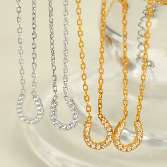 Women's 316L Stainless Steel U Shaped Light Luxury Simple All Match Niche Design Electroplated Full Diamond Pendant Necklace