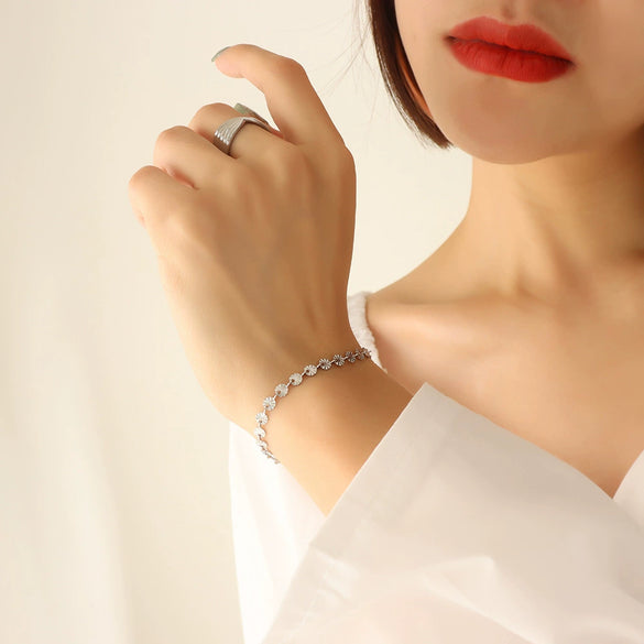Women's Titanium Steel Wave Pattern Flower Embossed Round Bracelet Jewelry