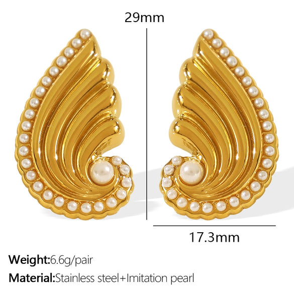 Women's 316L Stainless Steel Wingsshaped Diamondstudded Pearlinlaid Electroplated Light Luxury Style Earrings