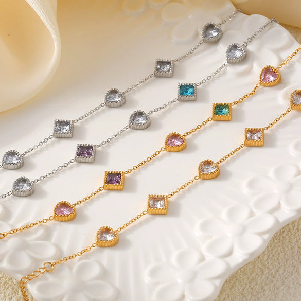 Women's Titanium Steel Zircon Bracelet With Love Square And Heart Geometric Patterns Pvd Plated 18K True Gold