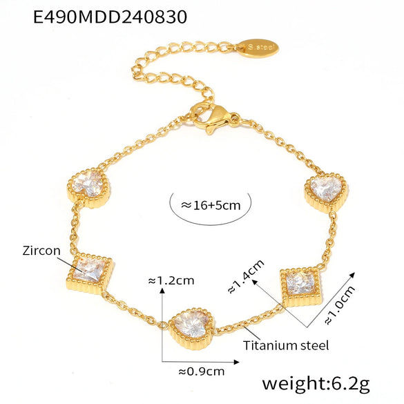 Women's Titanium Steel Zircon Bracelet With Love Square And Heart Geometric Patterns Pvd Plated 18K True Gold