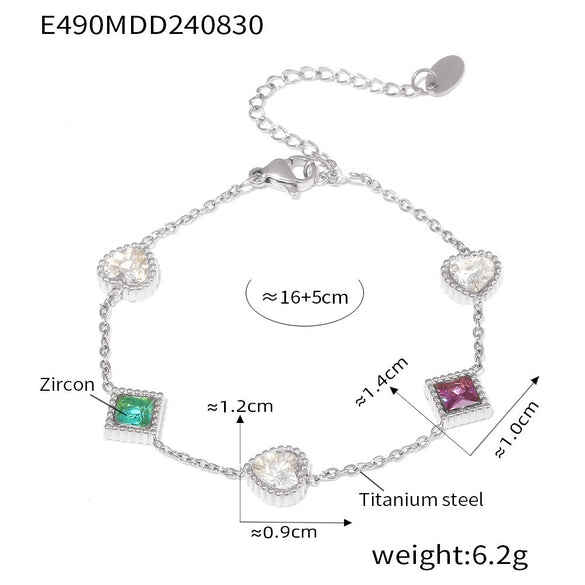 Women's 316L Stainless Steel Zircon Love Square Heart Geometric Pvd Plated Bracelet