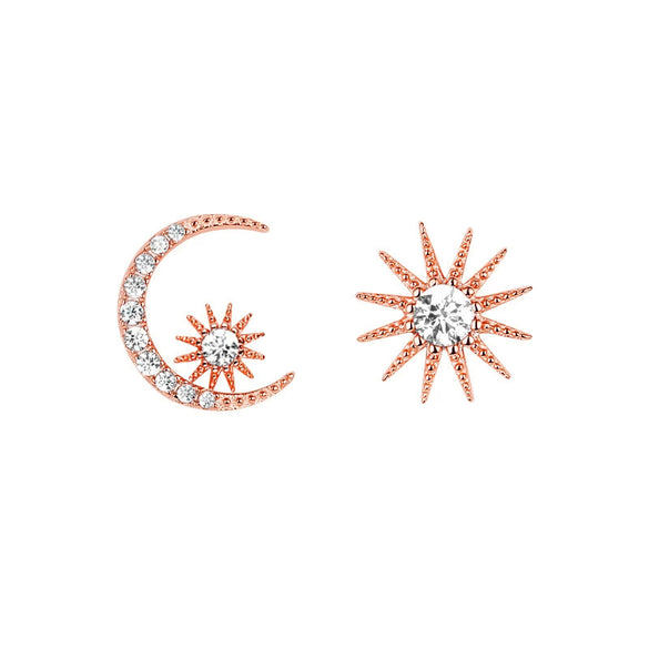 Women's Trendy Asymmetric Elegant Star Moon Earrings Made Of Sterling Silver And Copper With Diamond Design And Star Pattern