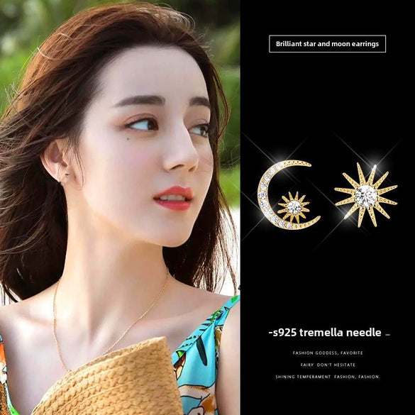 Women's Trendy Asymmetric Elegant Star Moon Earrings Made Of Sterling Silver And Copper With Diamond Design And Star Pattern