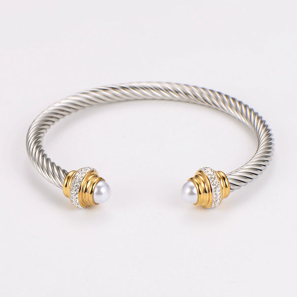 Women's Trendy Titanium Steel And Stainless Steel Cshaped Elastic Twist Wire Rope Bracelet Set With Diamonds