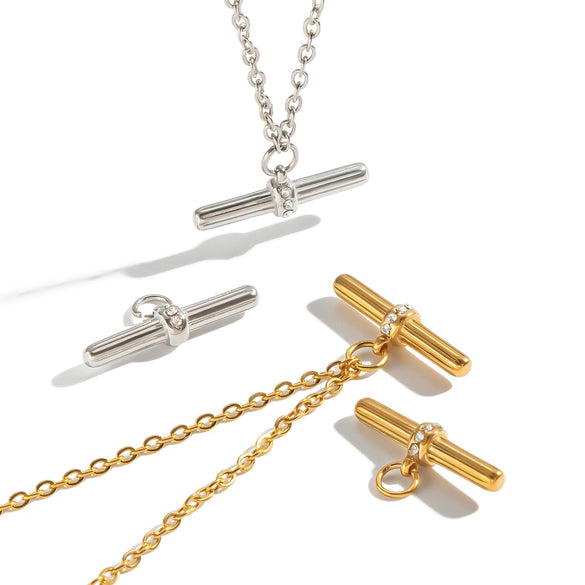 Women's Tshaped Stainless Steel Pendant Necklace With Vacuum Gold Plating And Flash Ochain Collarbone Chain