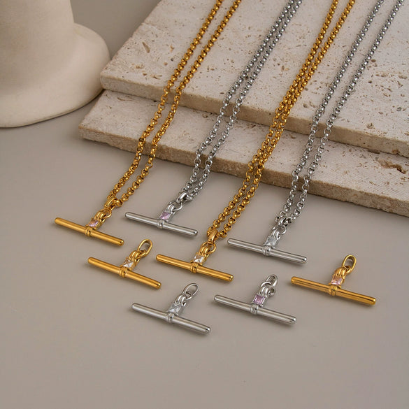 Women's Tshaped Zircon Pendant Necklace In Goldplated Stainless Steel With Geometric Design And Adjustable Extension Chain