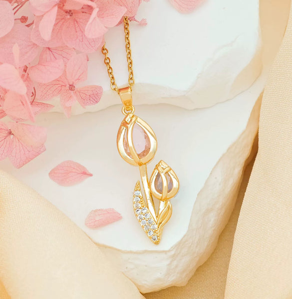 Women's Tulip Zircon Flower Necklace Titanium Steel Copper Real Gold Plated Cross Chain Sweet Style