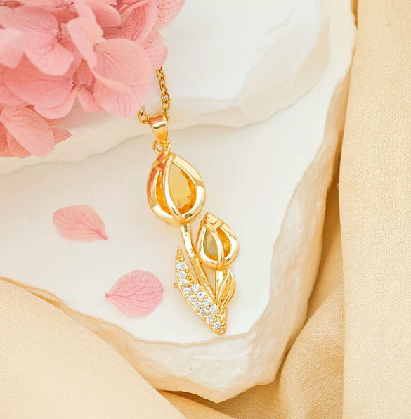 Women's Tulip Zircon Flower Necklace Titanium Steel Copper Real Gold Plated Cross Chain Sweet Style