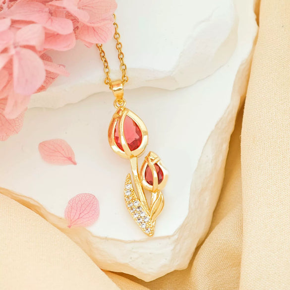 Women's Tulip Zircon Flower Necklace Titanium Steel Copper Real Gold Plated Cross Chain Sweet Style