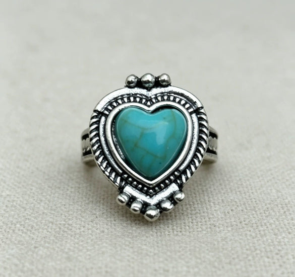 Women's Turquoise Inlaid Alloy Ring Set With Feather Details And Carved Flower Geometric Design Polished Finish