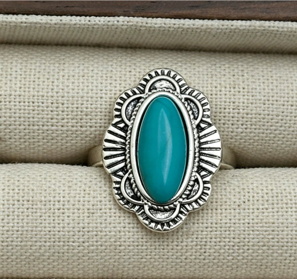 Women's Turquoise Inlaid Alloy Ring Set With Feather Details And Carved Flower Geometric Design Polished Finish