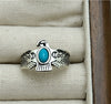 Women's Turquoise Inlaid Alloy Ring Set With Feather Details And Carved Flower Geometric Design Polished Finish