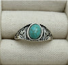 Women's Turquoise Inlaid Alloy Ring Set With Feather Details And Carved Flower Geometric Design Polished Finish