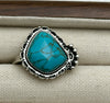Women's Turquoise Inlaid Alloy Ring Set With Feather Details And Carved Flower Geometric Design Polished Finish