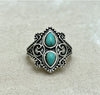 Women's Turquoise Inlaid Alloy Ring Set With Feather Details And Carved Flower Geometric Design Polished Finish