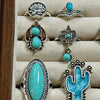 Women's Turquoise Inlaid Alloy Ring Set With Feather Details And Carved Flower Geometric Design Polished Finish