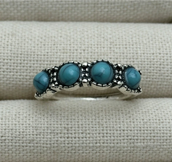 Women's Turquoise Inlaid Alloy Ring Set With Feather Details And Carved Flower Geometric Design Polished Finish